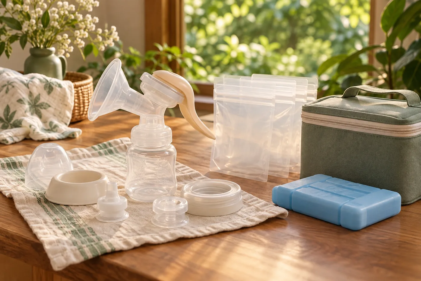Máy hút tay, túi trữ sữa và thùng giữ lạnh được chuẩn bị.