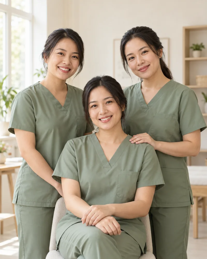Ảnh minh họa ba nữ chuyên viên chăm sóc mẹ và bé trong đồng phục xanh dịu
