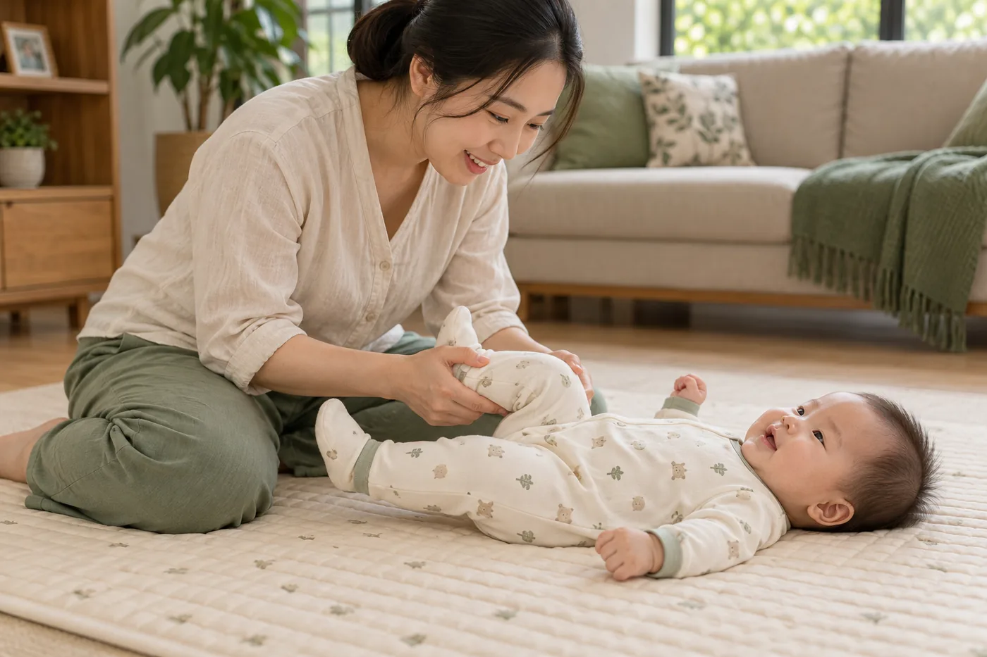Mẹ nhẹ nhàng co một chân bé khi bé nằm ngửa.