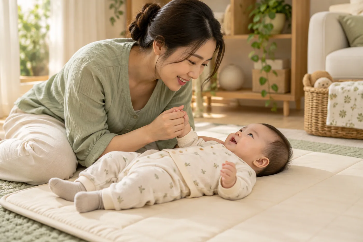 Mẹ tương tác với bé đang tỉnh táo trên thảm chăm sóc.