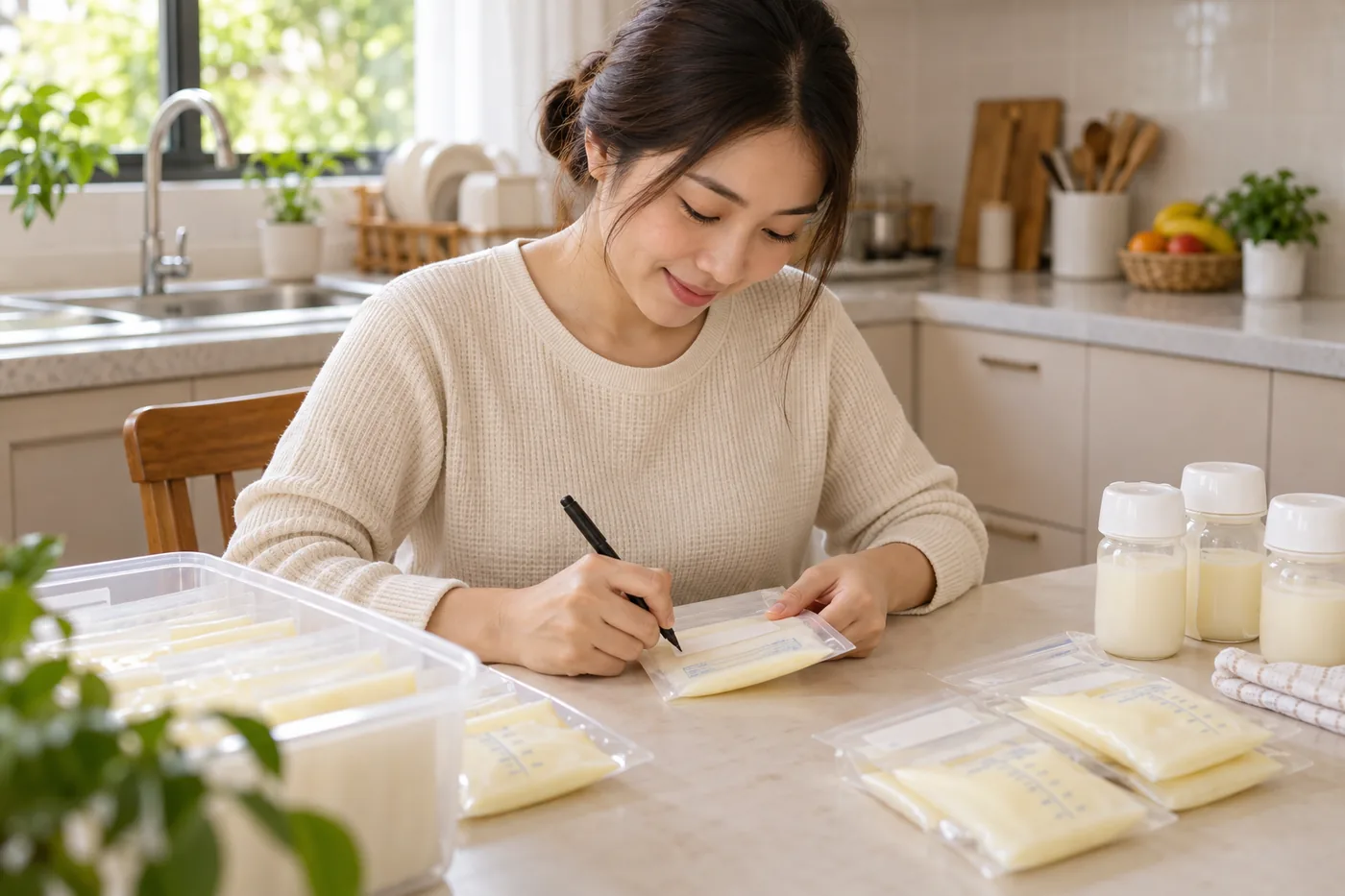 Mẹ ghi nhãn cho túi trữ sữa bên cạnh các bình sữa đóng nắp.