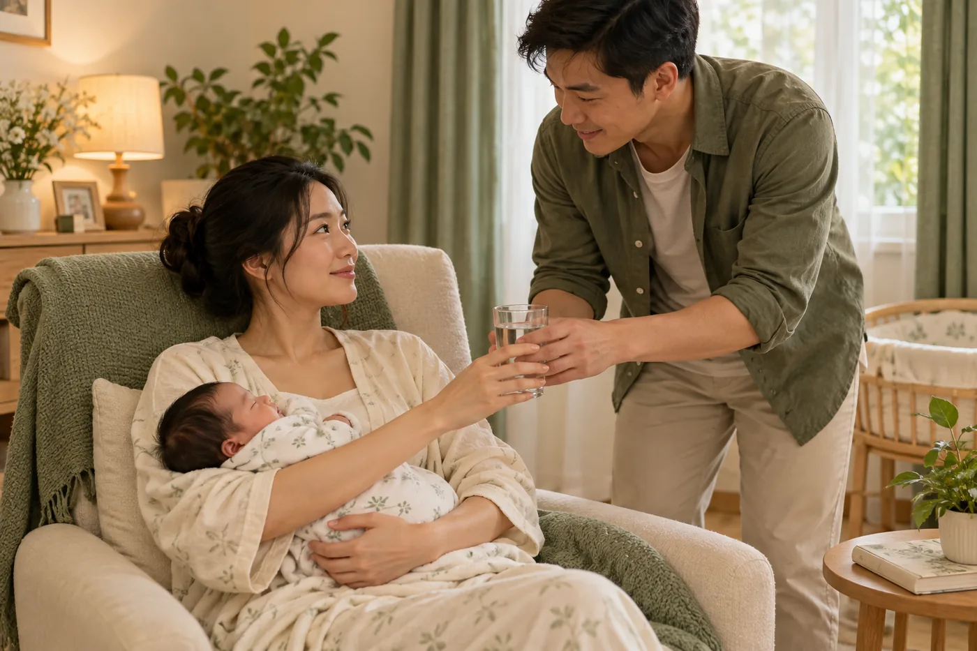 Bố hỗ trợ mẹ đang bế bé sau khi về nhà.