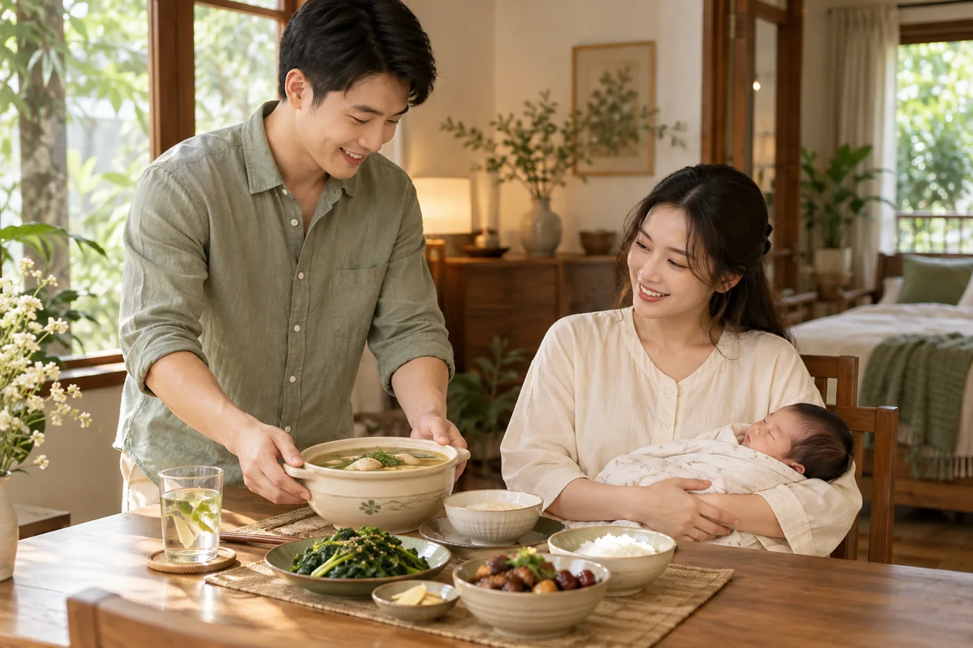 Người thân chuẩn bị bữa ăn nhỏ và nước uống để hỗ trợ mẹ hồi phục.