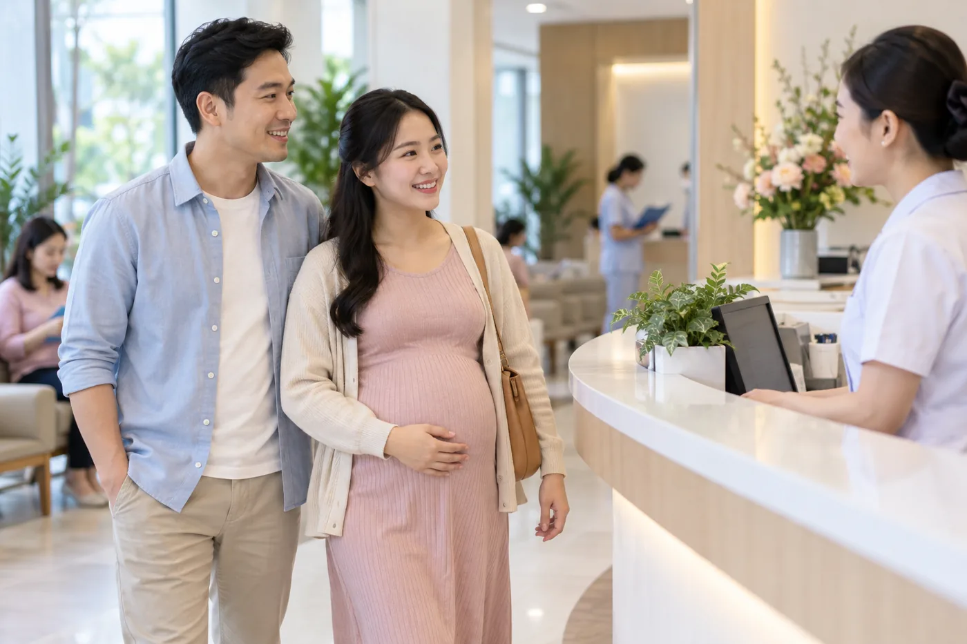 Người thân đi cùng mẹ bầu đến khu tiếp nhận cơ sở y tế.