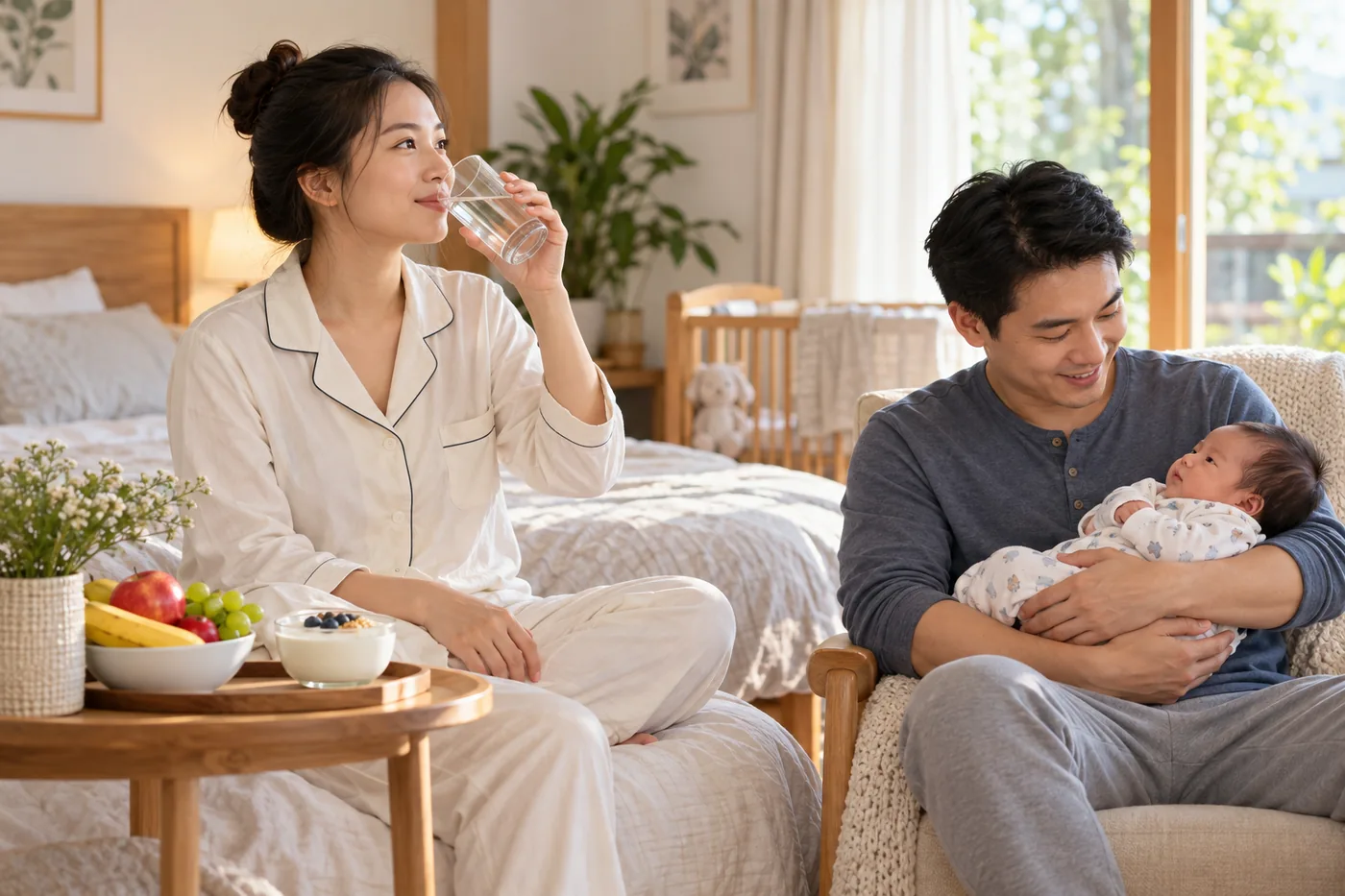Mẹ uống nước bên bàn có sữa chua và trái cây, bố bế bé sơ sinh bên cạnh