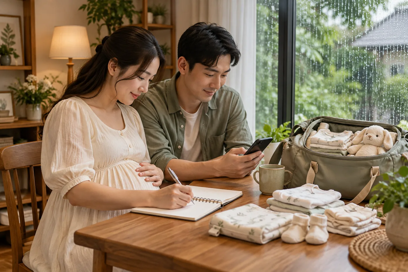 Mẹ bầu và người thân trao đổi kế hoạch bên túi đồ.