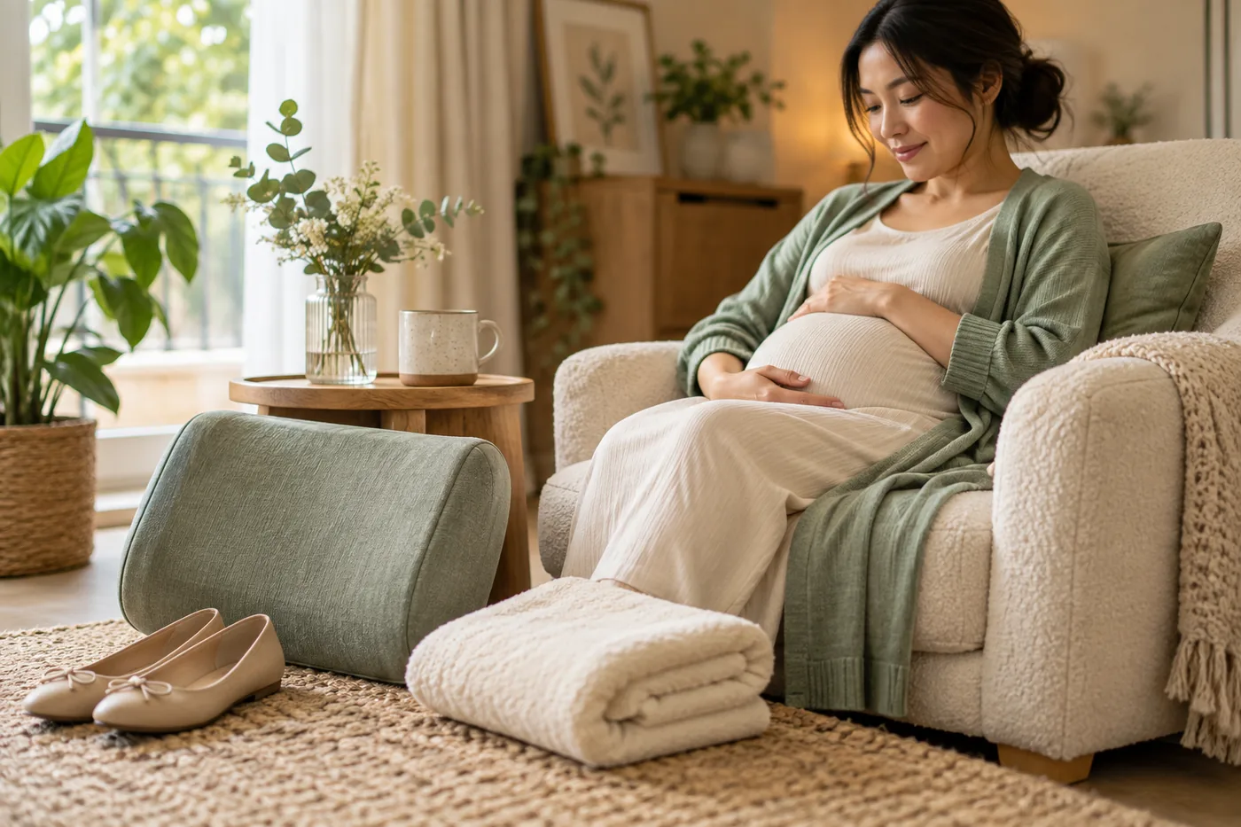 Giày đế thấp, gối đỡ và khăn được đặt cạnh ghế mẹ bầu đang nghỉ.