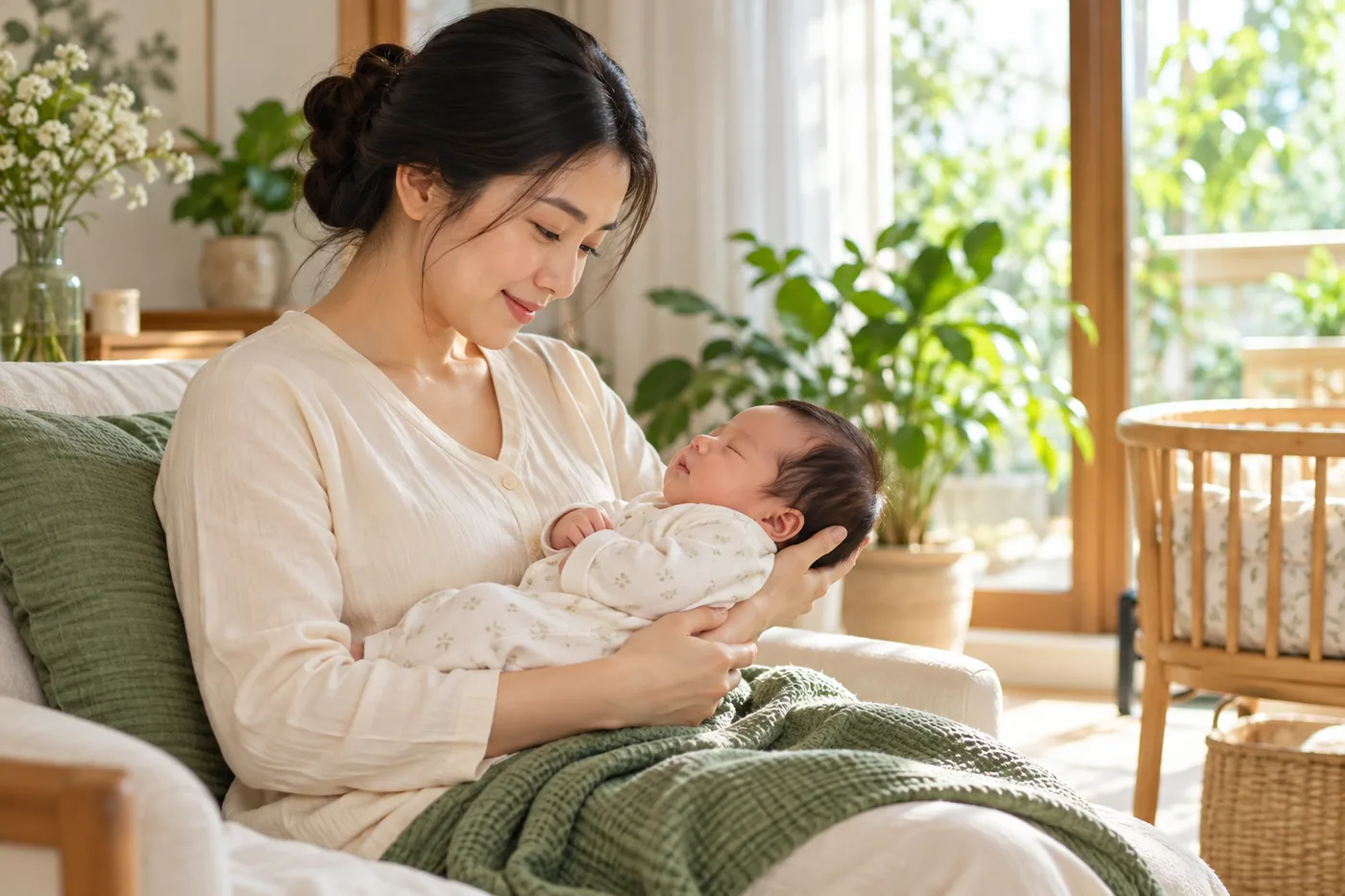 Mẹ và bé nghỉ trong phòng thoáng, mặc đủ ấm mà không dùng bếp than.