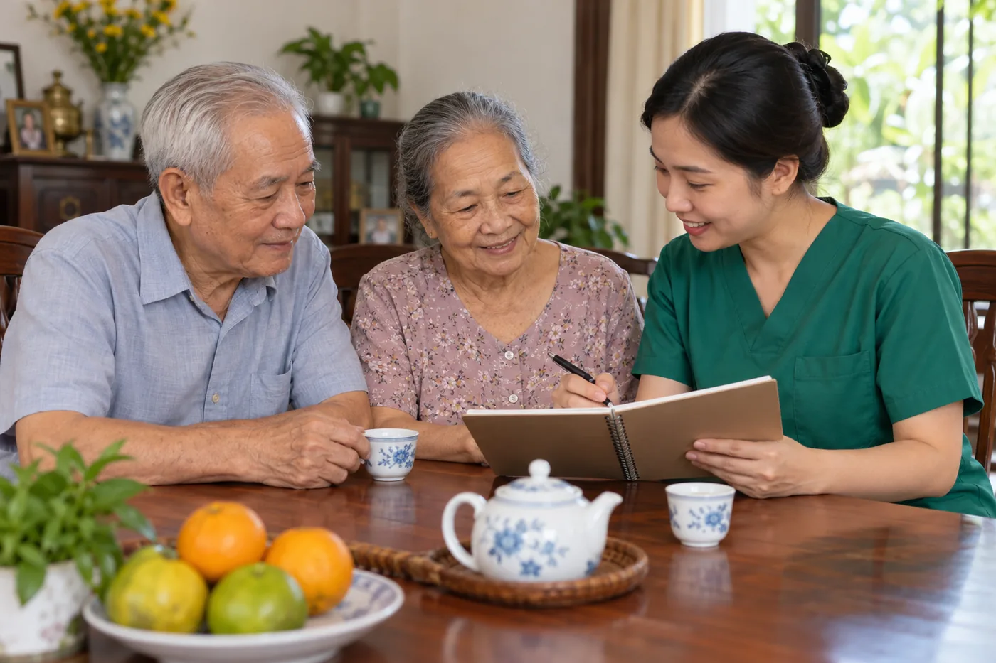Người chăm sóc trò chuyện và ghi sổ cùng ông bà tại nhà.