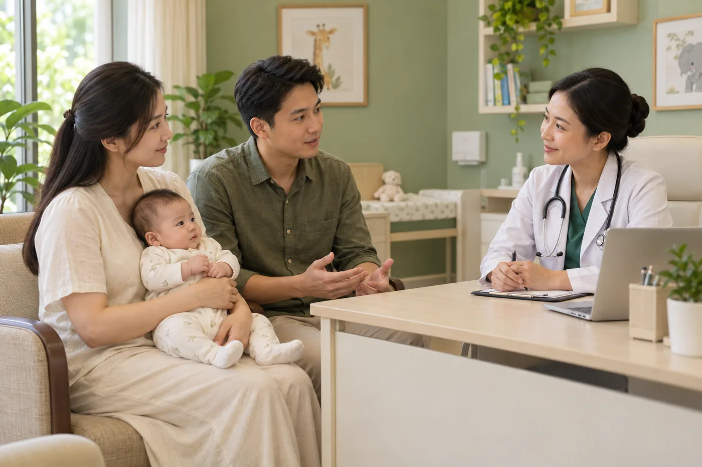 Bố mẹ trao đổi với bác sĩ khi bé khó đi ngoài.