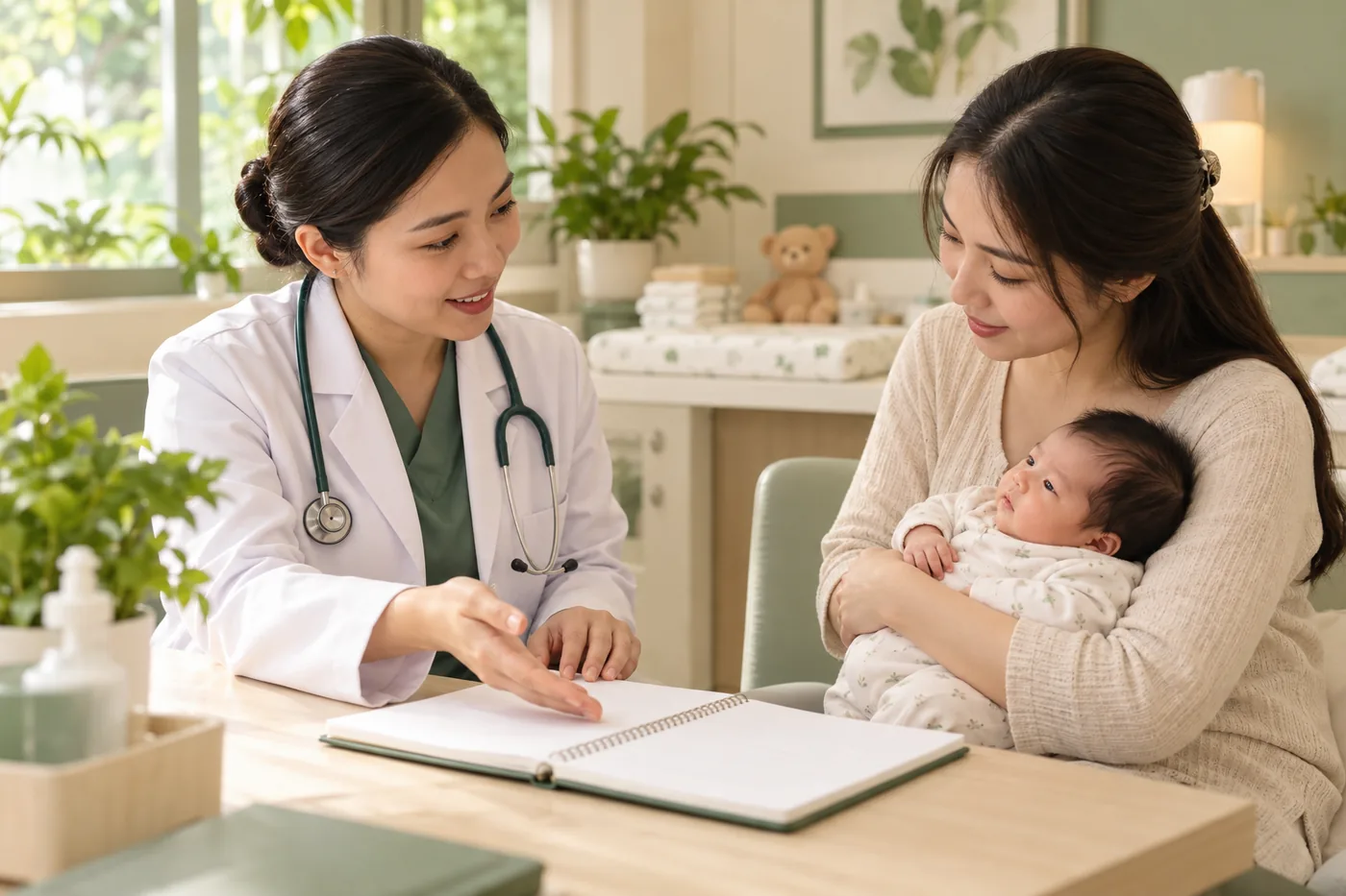 Mẹ bế bé và nghe bác sĩ hướng dẫn chăm sóc.