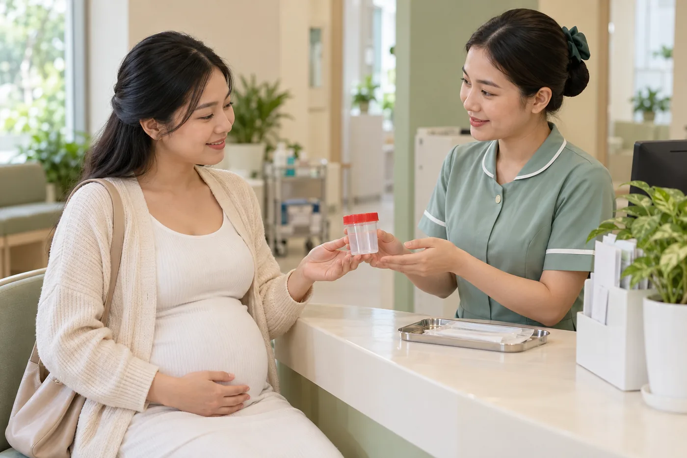 Nhân viên y tế trao đổi hướng dẫn xét nghiệm với mẹ bầu tại phòng khám
