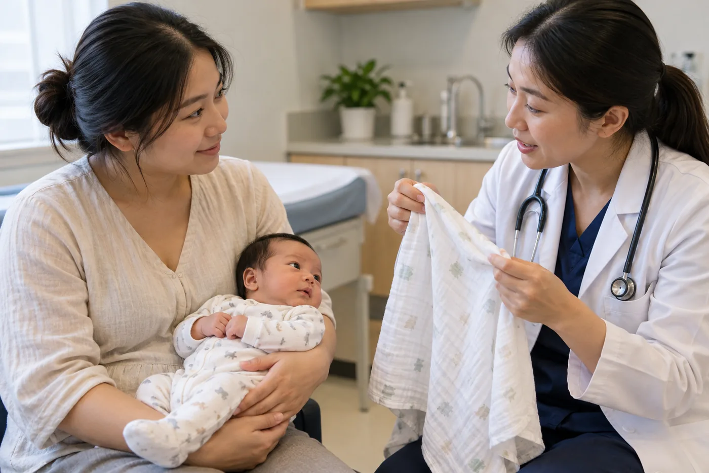 Mẹ bế bé và trao đổi với nhân viên y tế về cách chăm sóc.