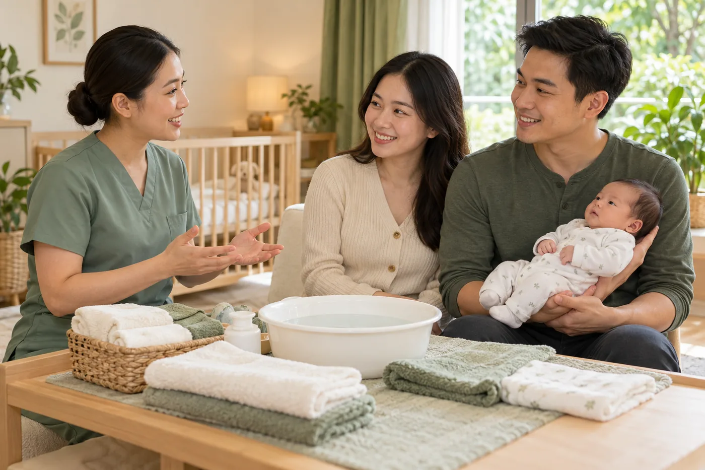 Người chăm sóc trao đổi cách chuẩn bị và giữ ấm cho bé với bố mẹ.