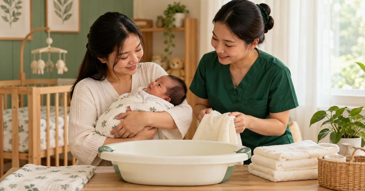 Mẹ bế bé sơ sinh cùng người chăm sóc chuẩn bị chậu tắm và khăn sạch