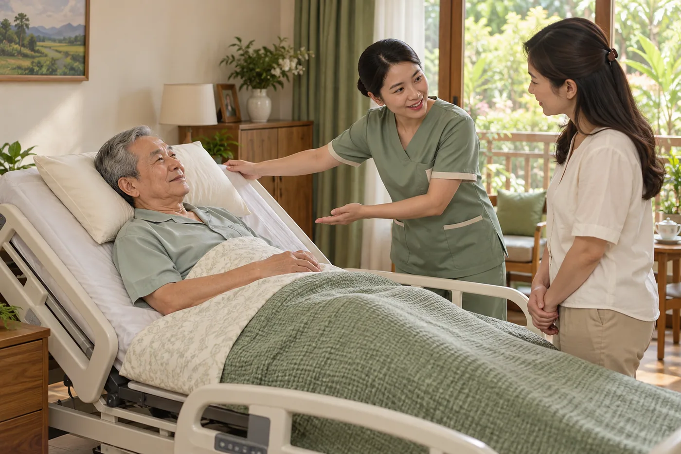 Điều dưỡng hướng dẫn gia đình tư thế đầu cao cho người cao tuổi trên giường