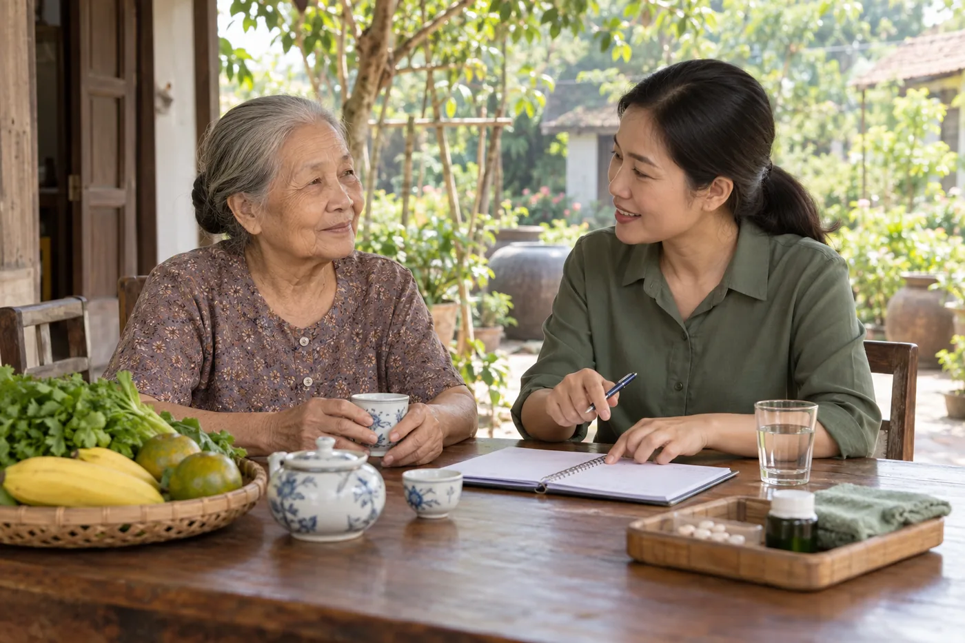 Gia đình trao đổi kế hoạch chăm sóc ông bà trong căn nhà ở nông thôn.
