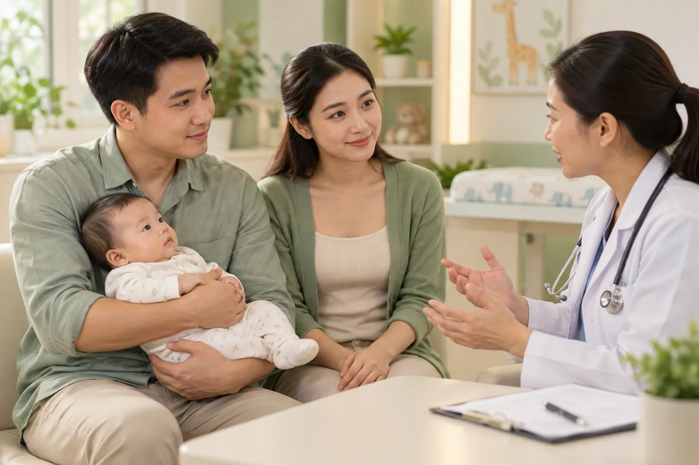 Bố mẹ trao đổi với bác sĩ về tình trạng của bé.