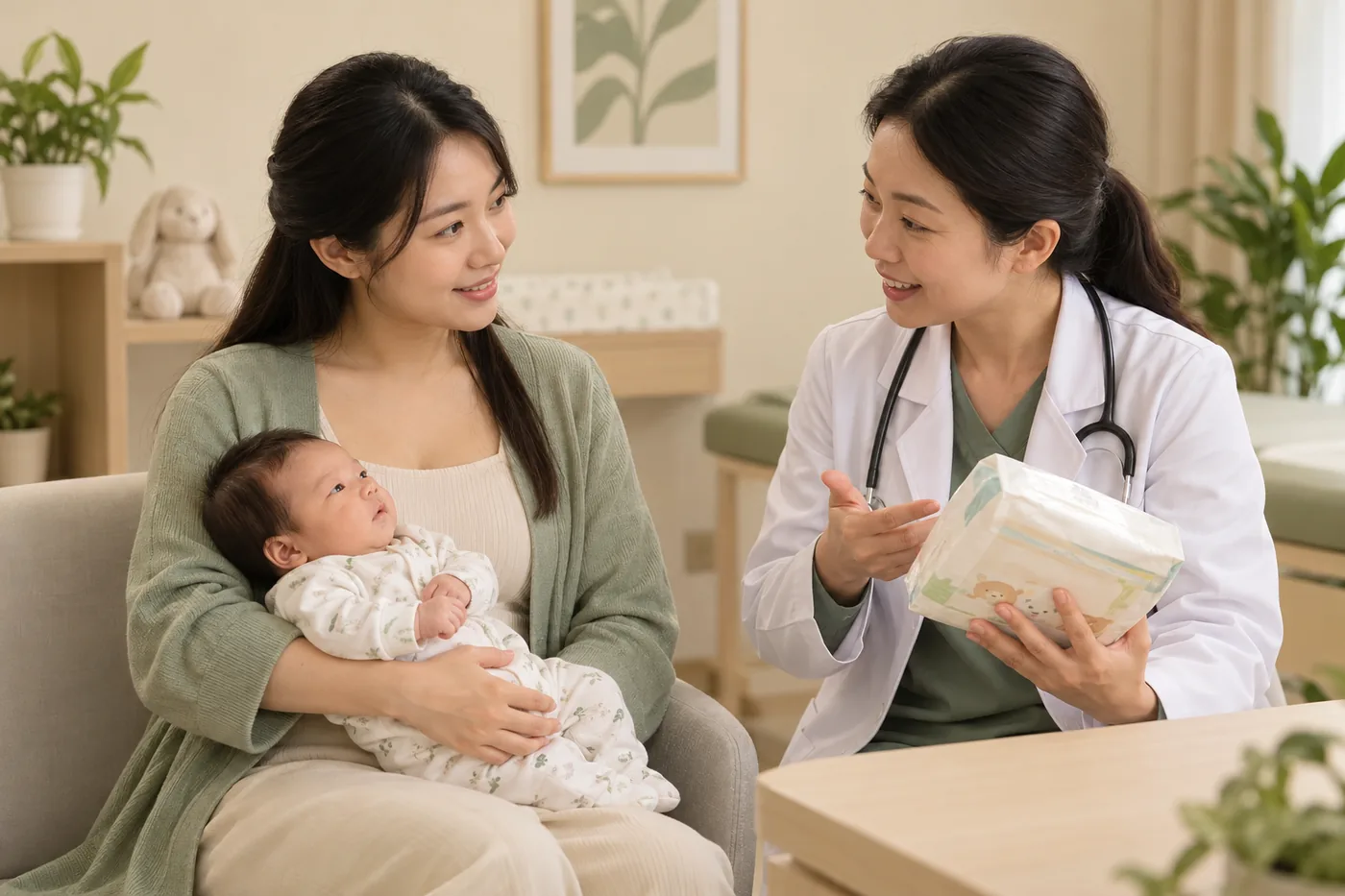 Mẹ bế bé và trao đổi về chăm sóc da với bác sĩ.