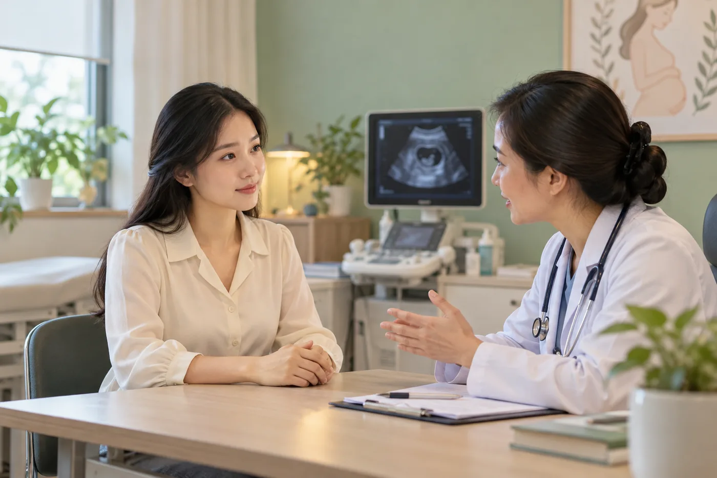 Bác sĩ trao đổi với người phụ nữ về những tuần đầu mang thai.