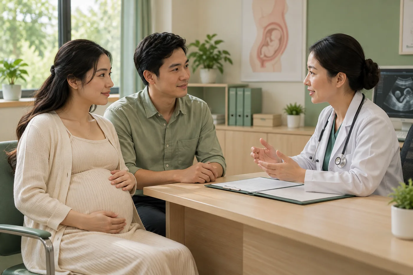 Mẹ bầu cùng người thân trao đổi triệu chứng với bác sĩ tại phòng khám