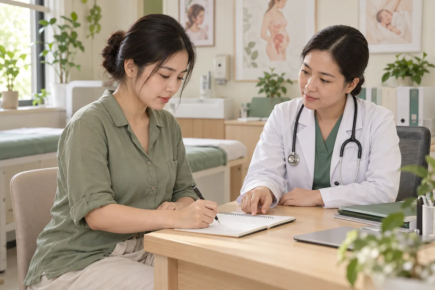 Mẹ ghi lại câu hỏi và trao đổi với bác sĩ trong buổi khám sau sinh.
