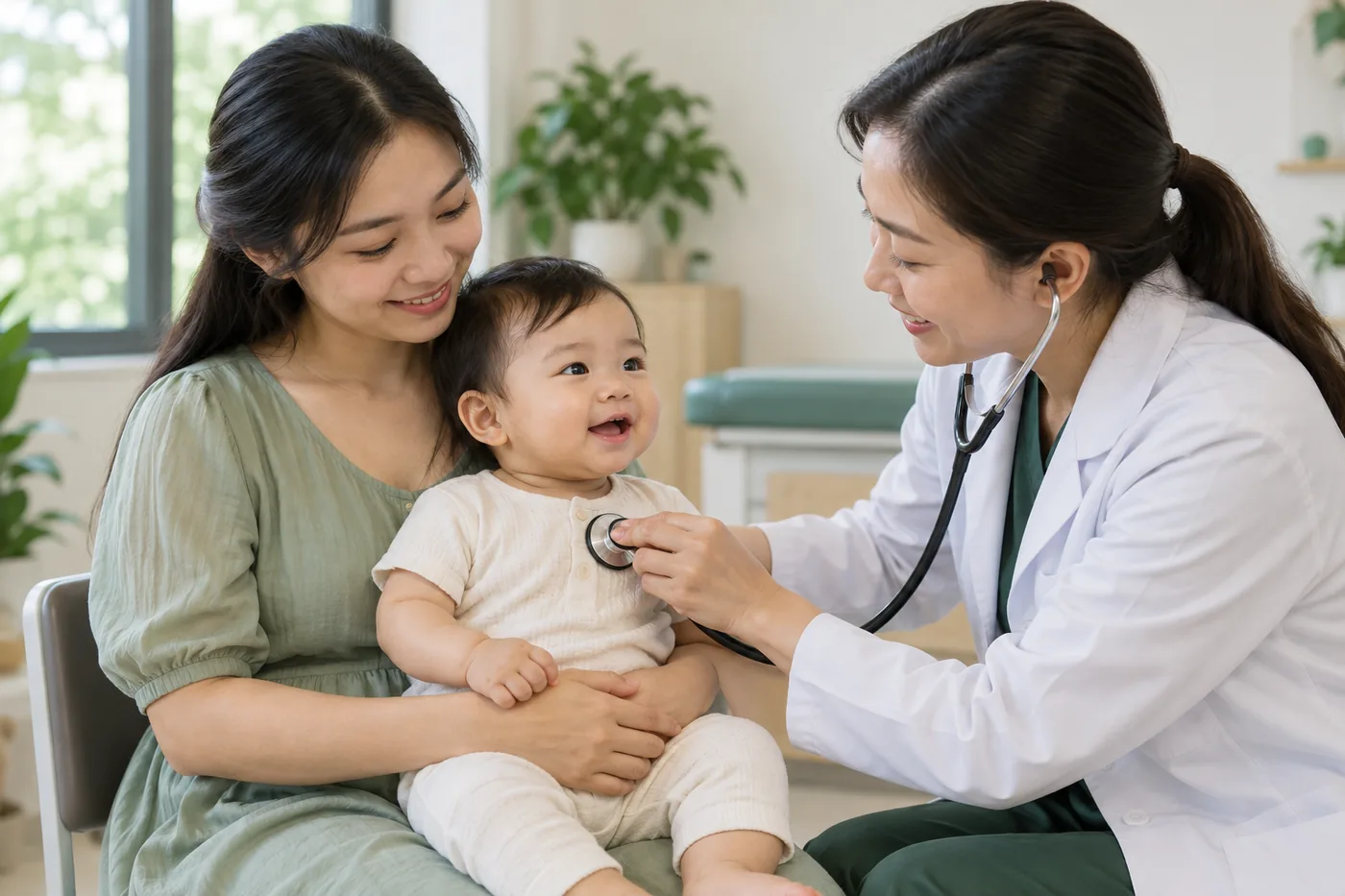 Nhân viên y tế kiểm tra bé được mẹ ôm chắc trong phòng khám