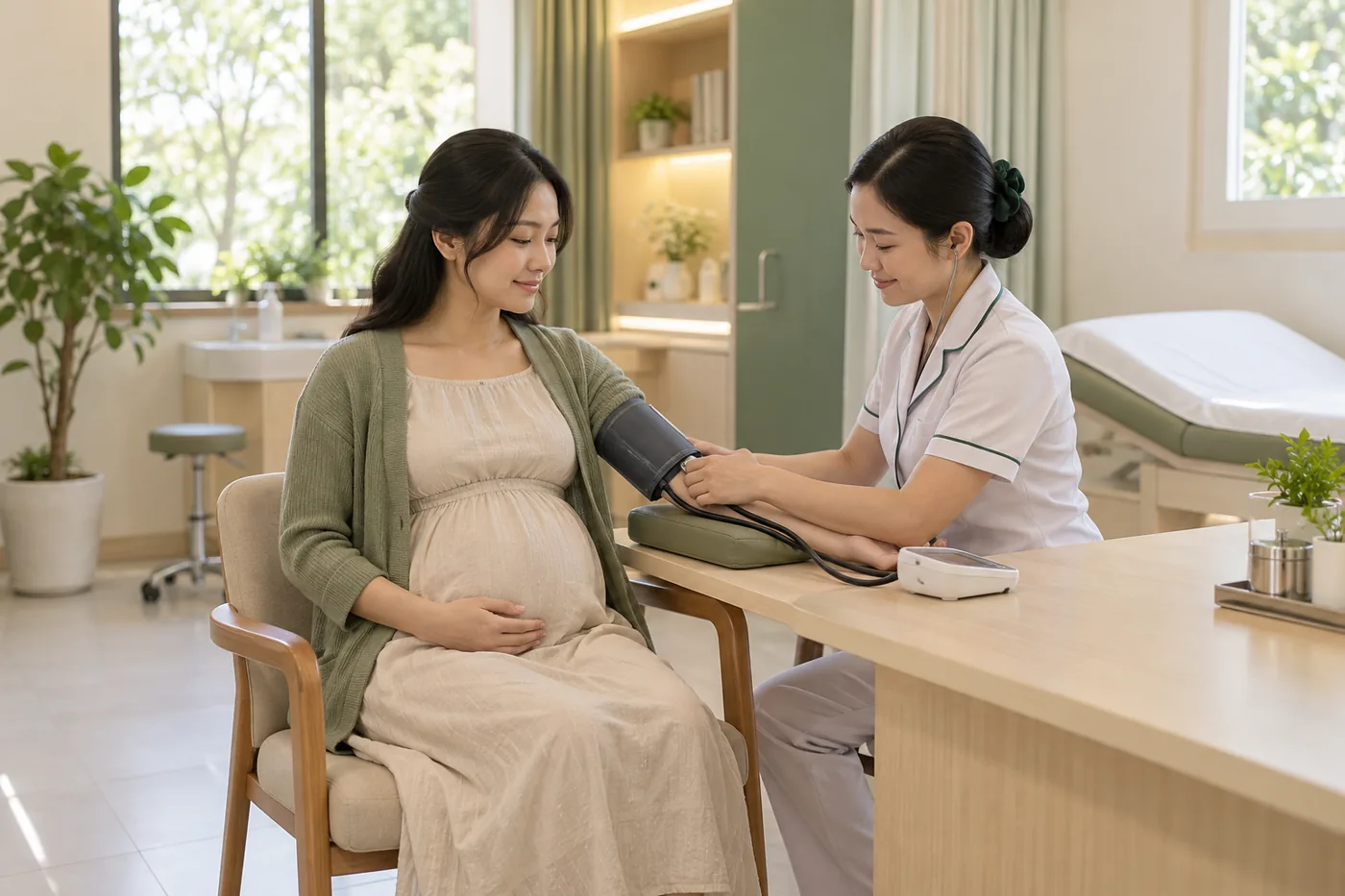Nhân viên y tế đo huyết áp cho mẹ bầu trong buổi khám thai định kỳ.