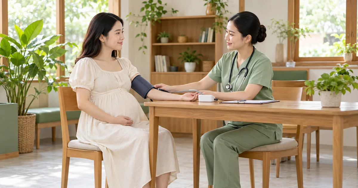 Mẹ bầu được đo huyết áp trong buổi khám thai tại phòng khám đơn giản