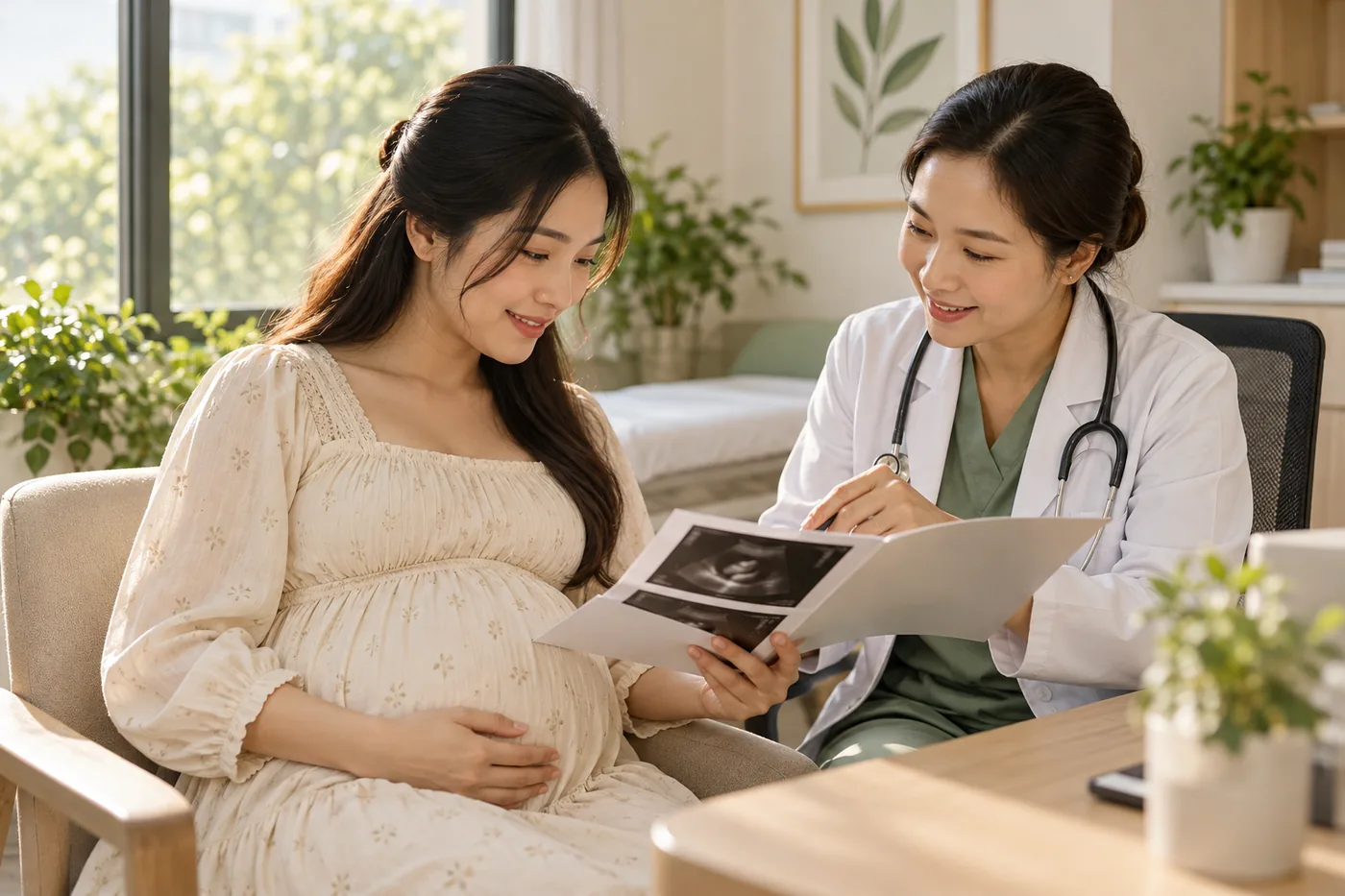 Mẹ bầu tháng cuối trao đổi hồ sơ thai kỳ với bác sĩ tại phòng khám