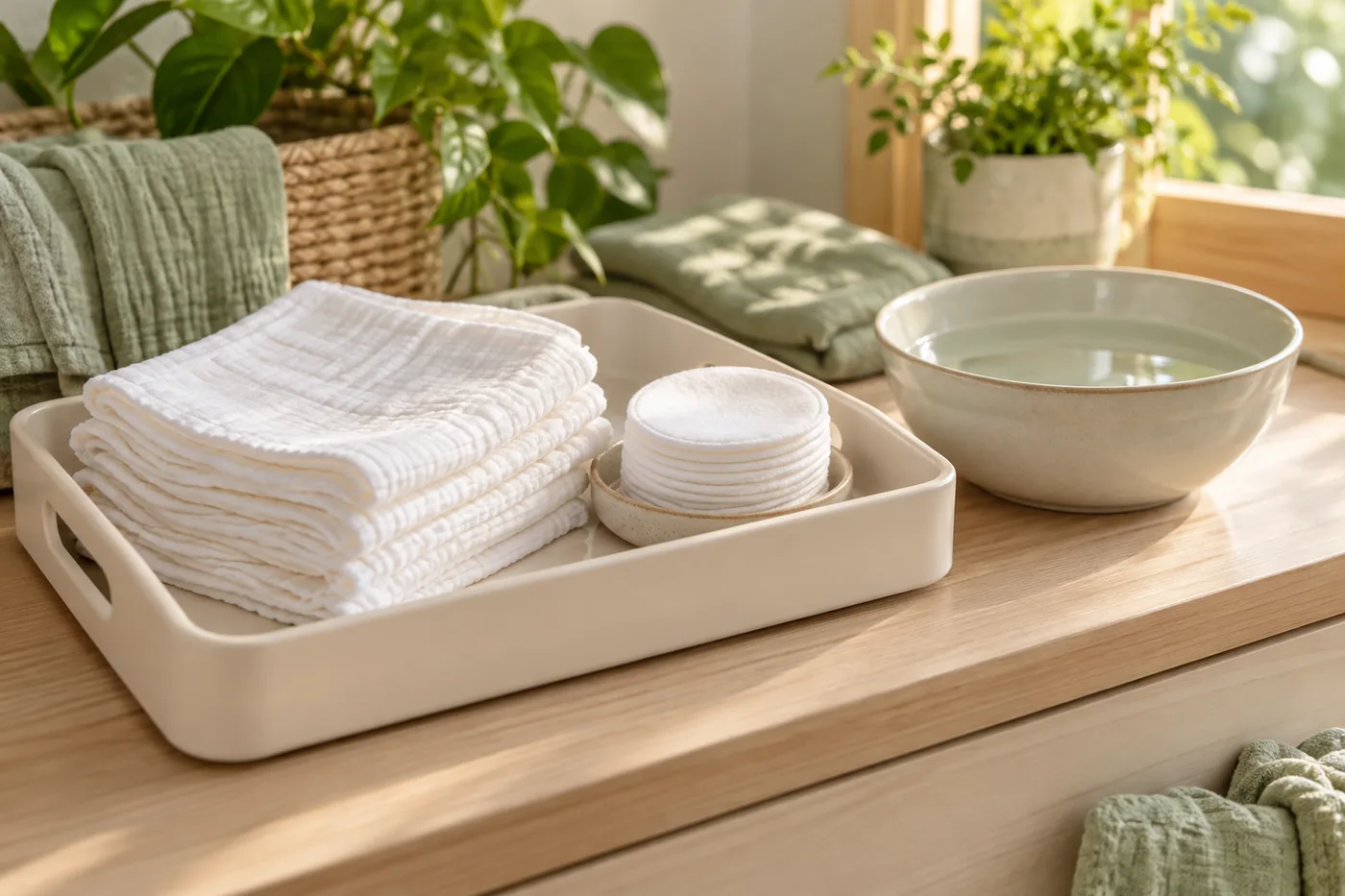 Khăn cotton sạch và bông khô được chuẩn bị trên khay.