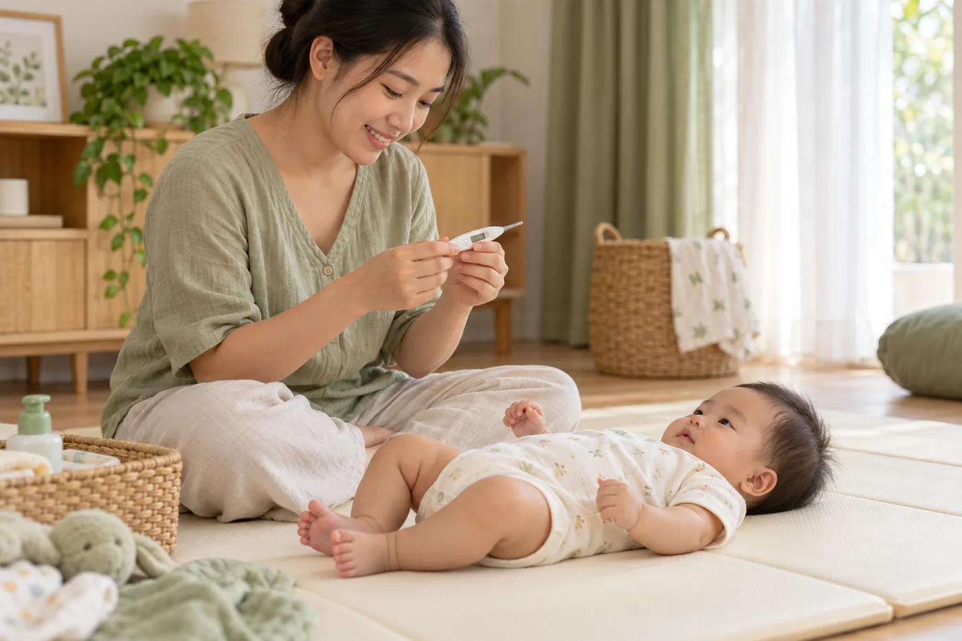 Mẹ chuẩn bị nhiệt kế điện tử cạnh bé đang nằm ngửa.