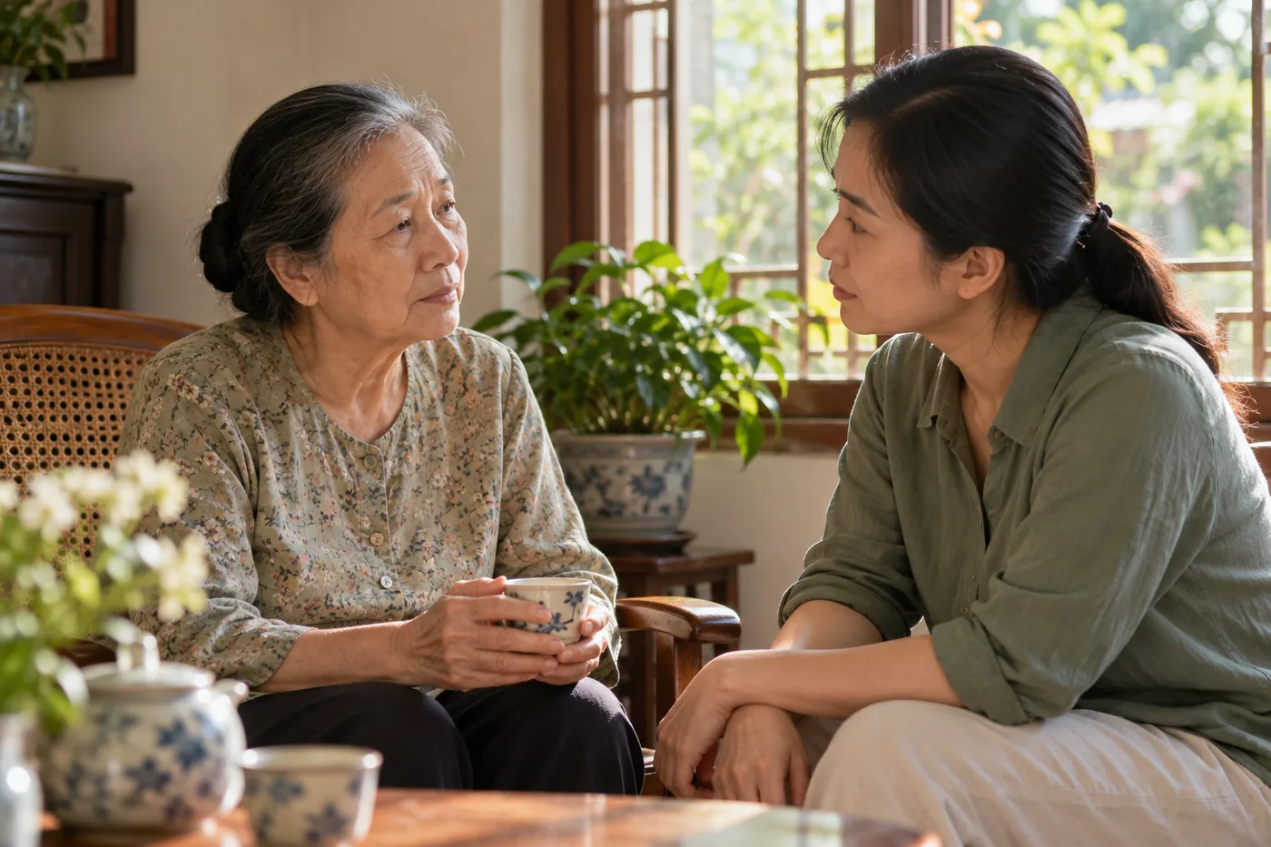 Người thân lắng nghe người cao tuổi trong không gian yên tĩnh.
