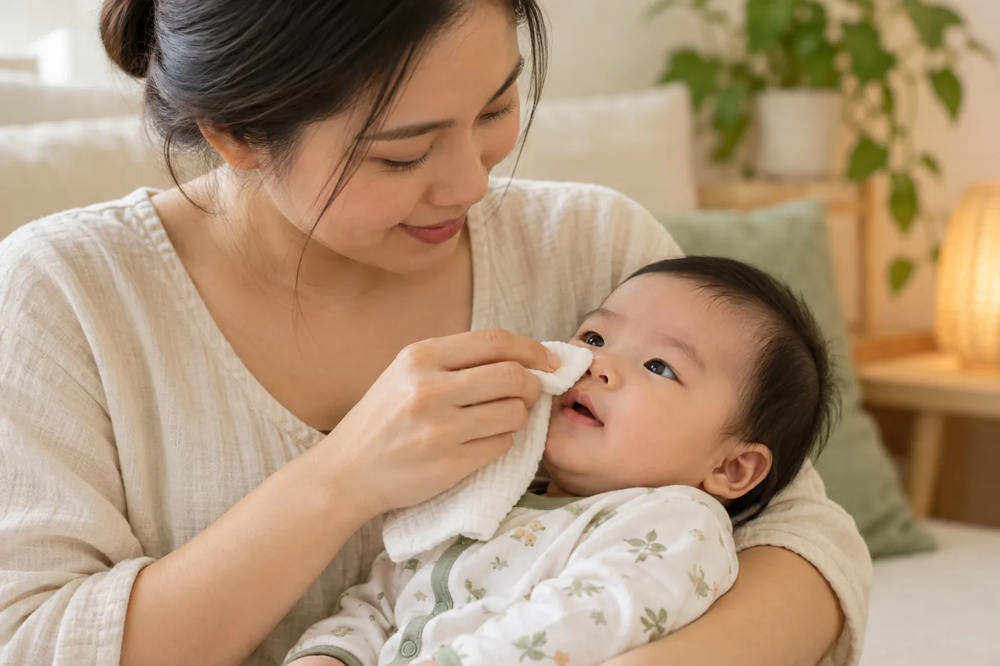 Mẹ dùng khăn mềm lau ngoài mũi bé khi đang bế bé.
