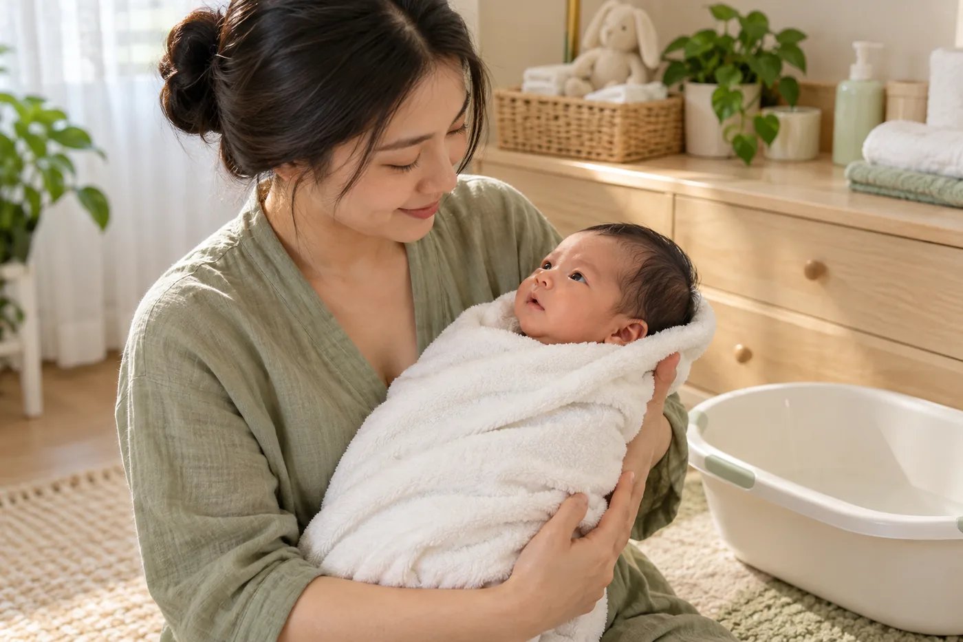 Mẹ bế bé trong khăn sạch sau buổi vệ sinh.
