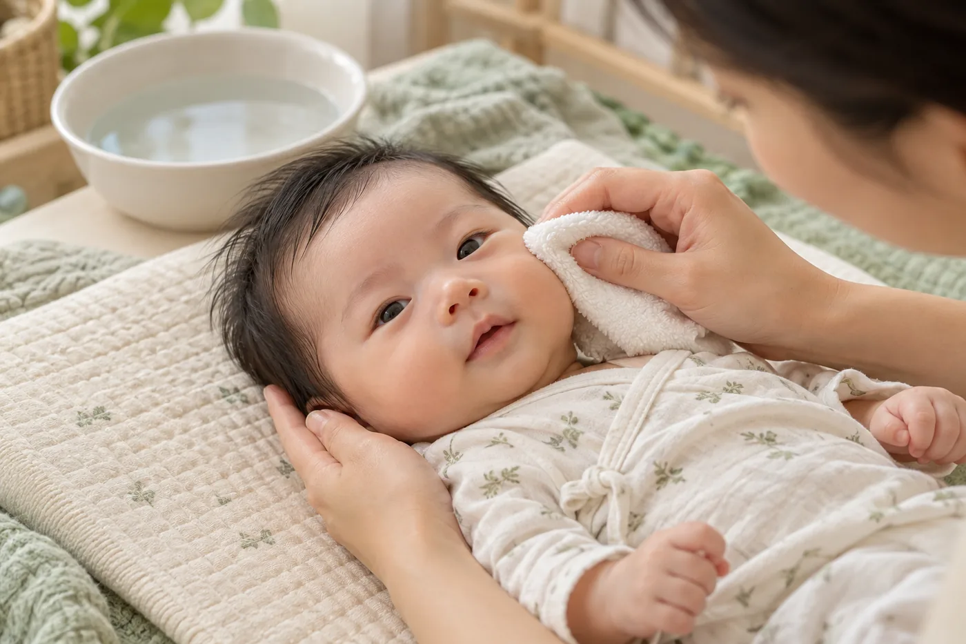 Mẹ dùng khăn mềm lau nhẹ bên má bé.