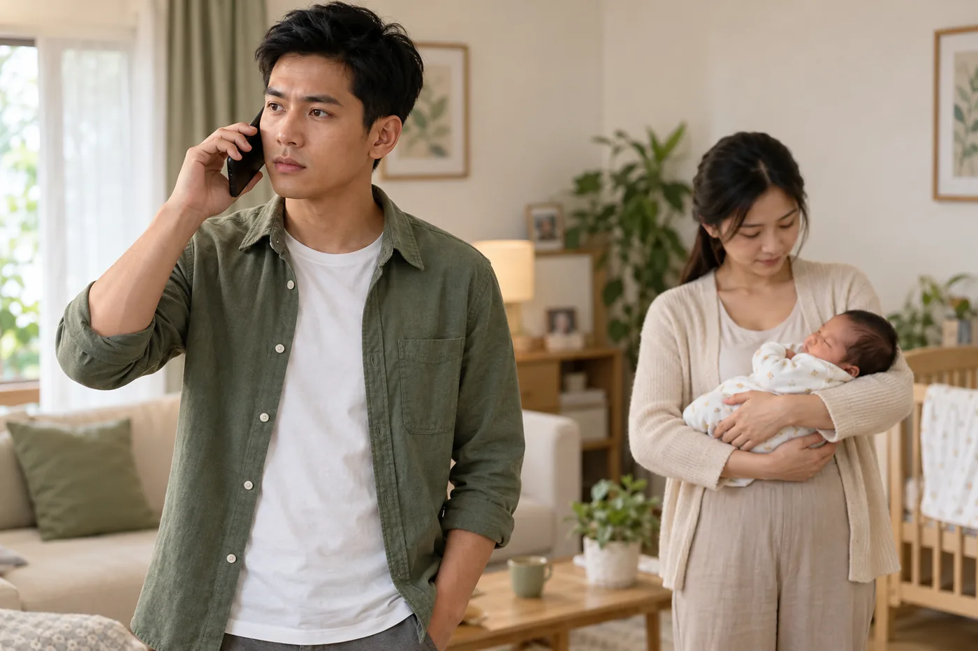 Bố gọi điện trong khi mẹ bế và theo dõi bé.