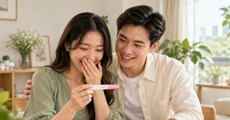 Người phụ nữ cùng chồng xem que thử thai trong không gian nhà sáng và ấm áp.