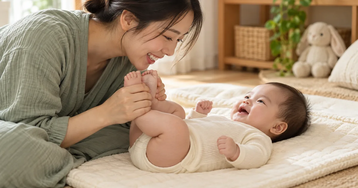 Mẹ nhẹ nhàng chăm sóc bàn chân bé trong lúc bé tỉnh táo.