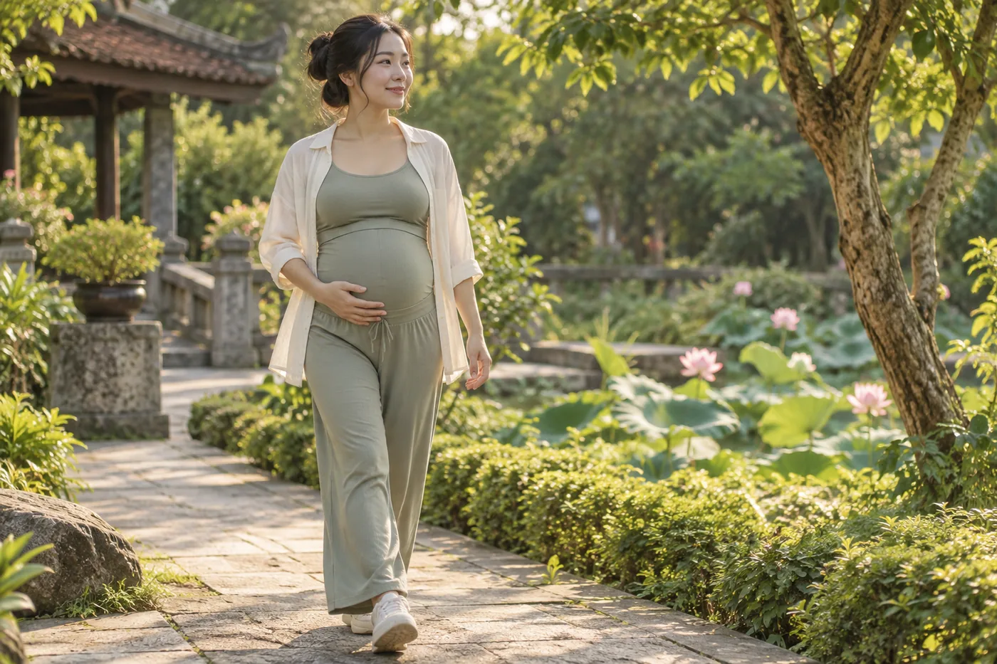 Mẹ bầu đi bộ trên lối đi bằng phẳng có cây xanh.