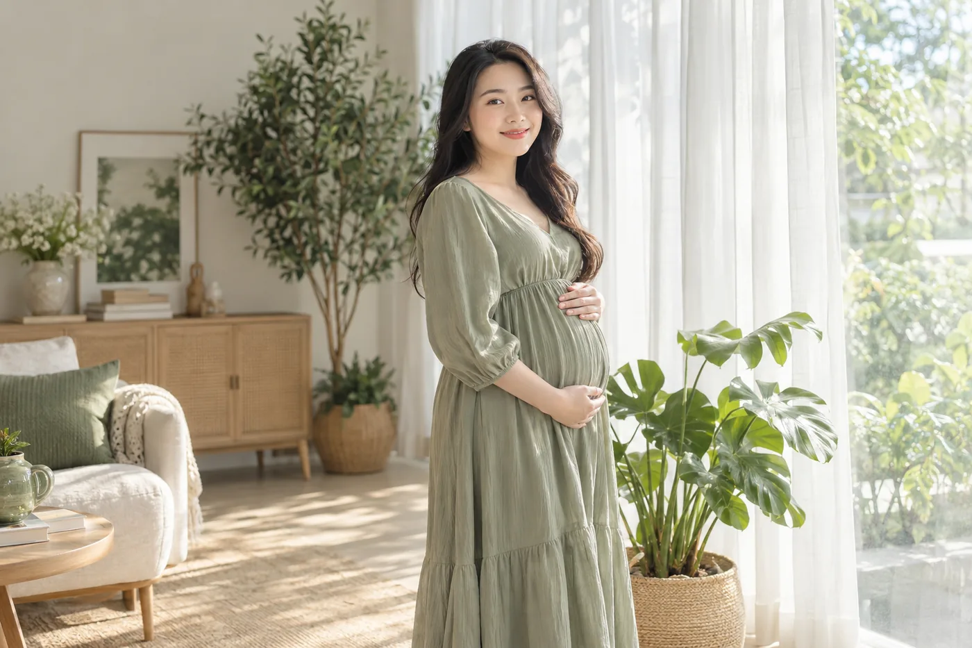 Mẹ bầu tháng thứ 4 đặt tay lên bụng trong không gian nhà sáng và yên tĩnh.