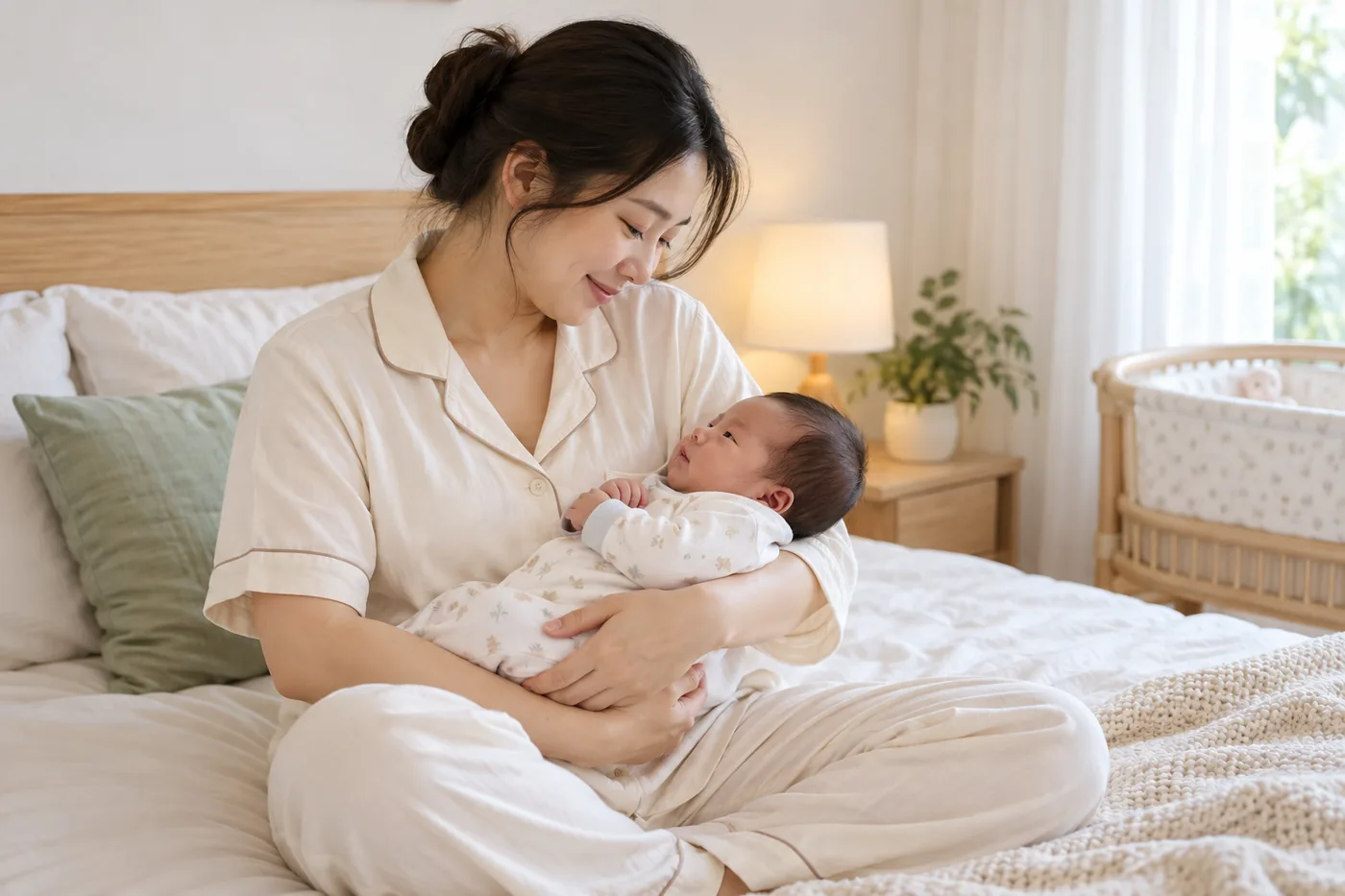 Mẹ ngồi trên giường bế trẻ sơ sinh trong phòng ngủ sáng.