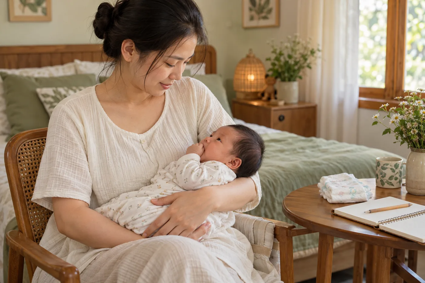 Mẹ bế bé bên sổ ghi chép và tã sạch.