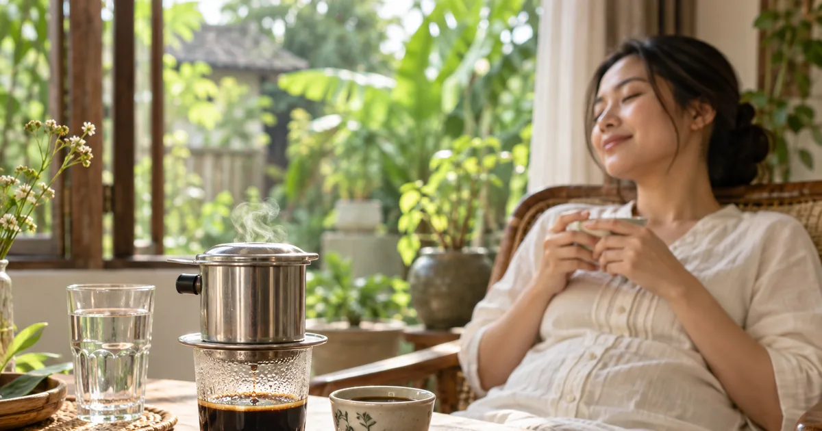 Ly cà phê nhỏ và phin trên bàn, người mẹ đang nghỉ ngơi phía sau