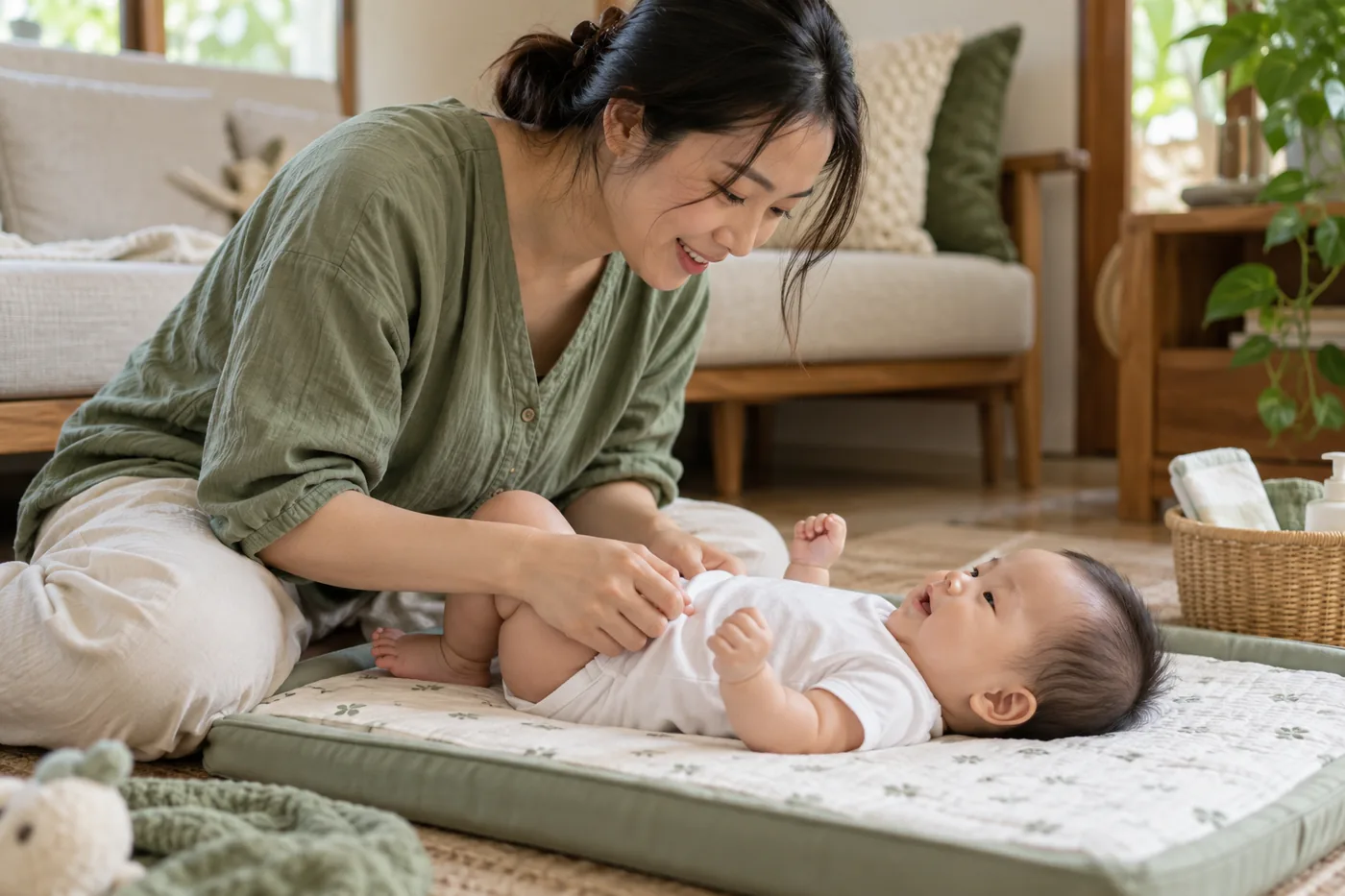 Mẹ chăm bé nằm ngửa trên thảm thay tã.