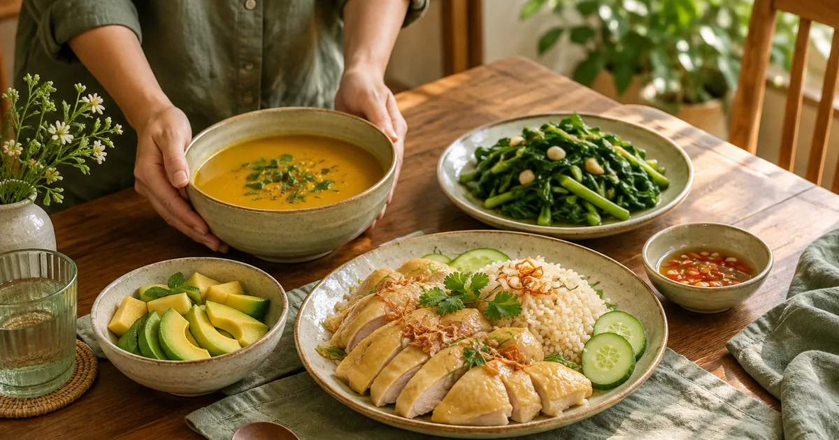 Bữa ăn gia đình với cơm, món đạm, rau và bơ chín