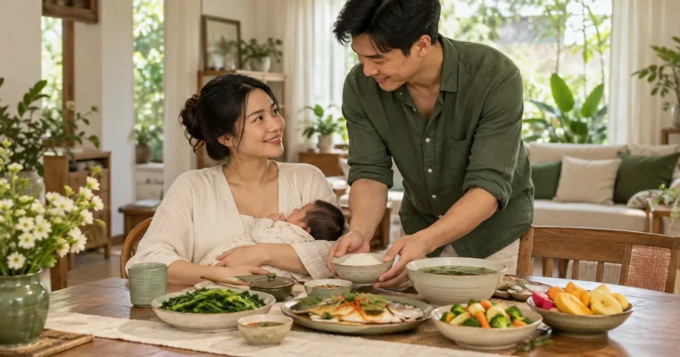 Mẹ bế bé sơ sinh bên bàn ăn có cá, rau và trái cây, người chồng chuẩn bị bữa cơm