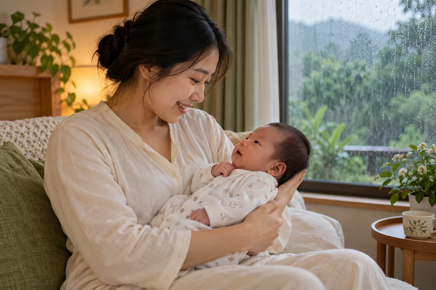 Mẹ bế bé mặc quần áo trong phòng khô, sáng dịu.