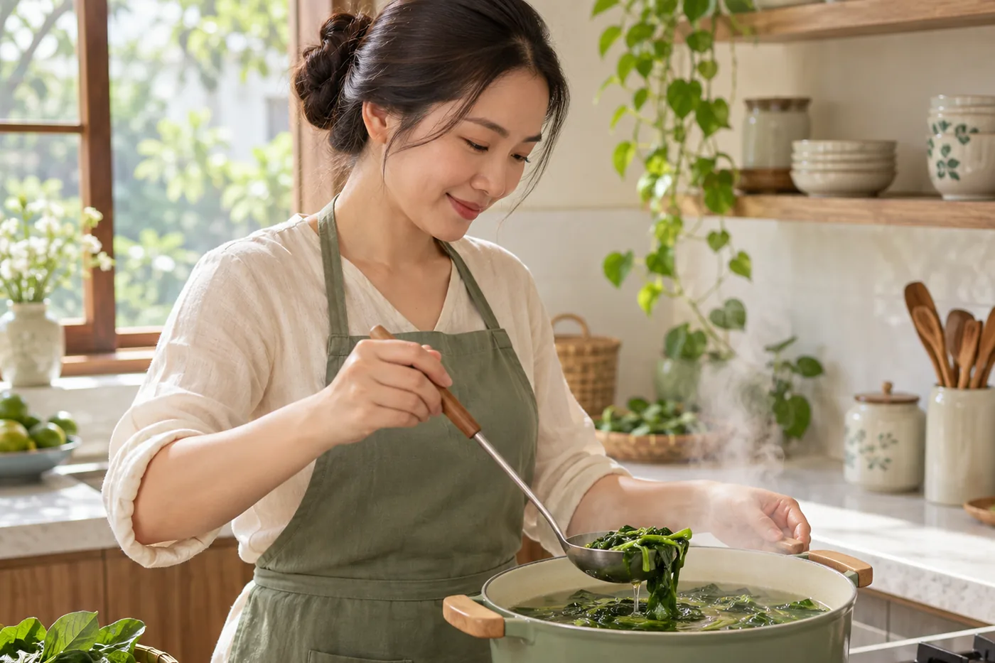 Người thân nấu canh rau xanh trong gian bếp sáng