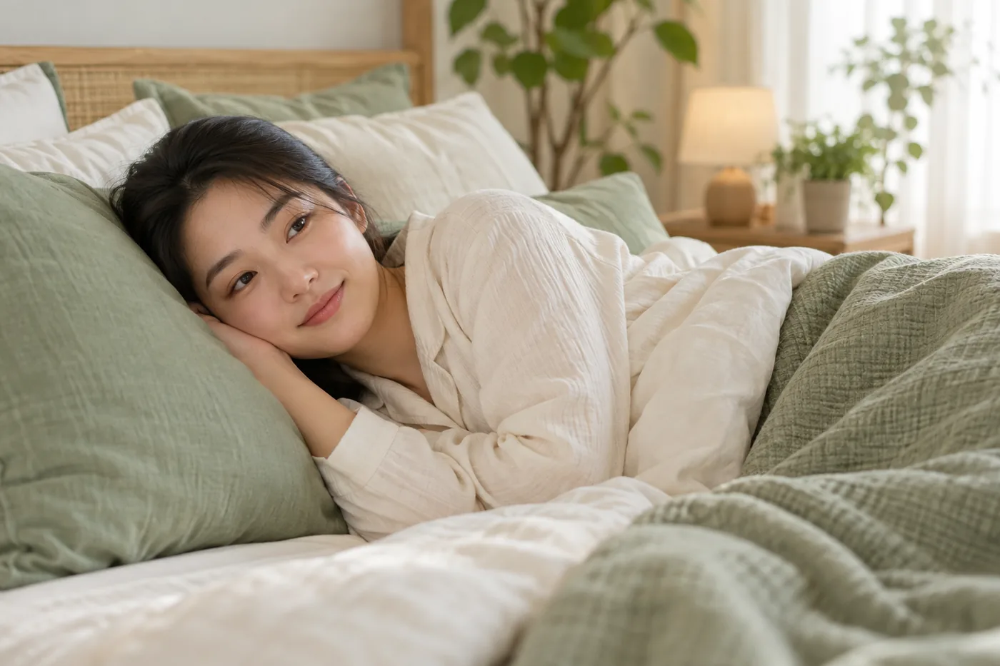 Mẹ mặc đồ rộng nằm nghiêng nghỉ trên giường với gối mềm và chăn phủ chân